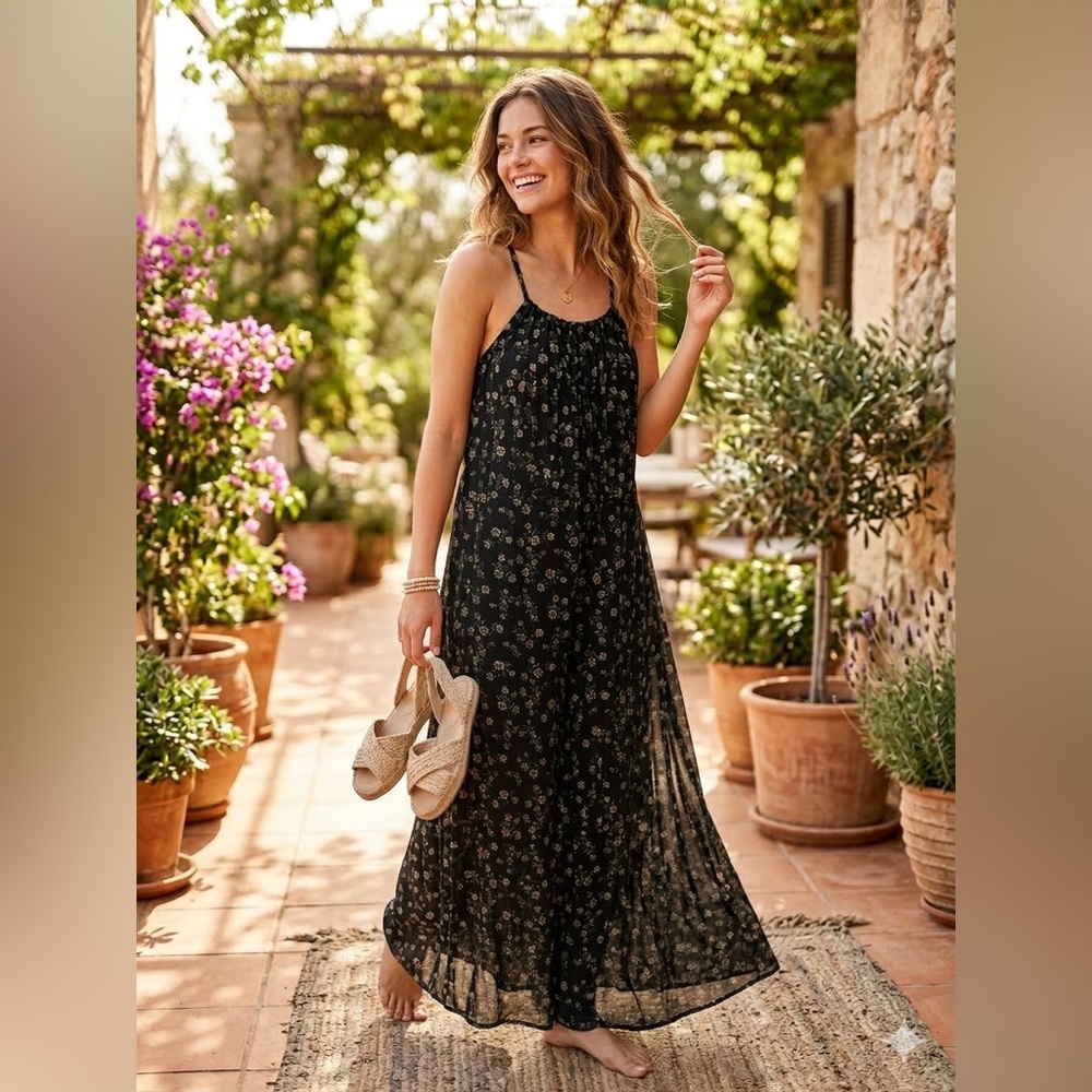 Sleeveless Black Floral Maxi Dress with Spaghetti Straps